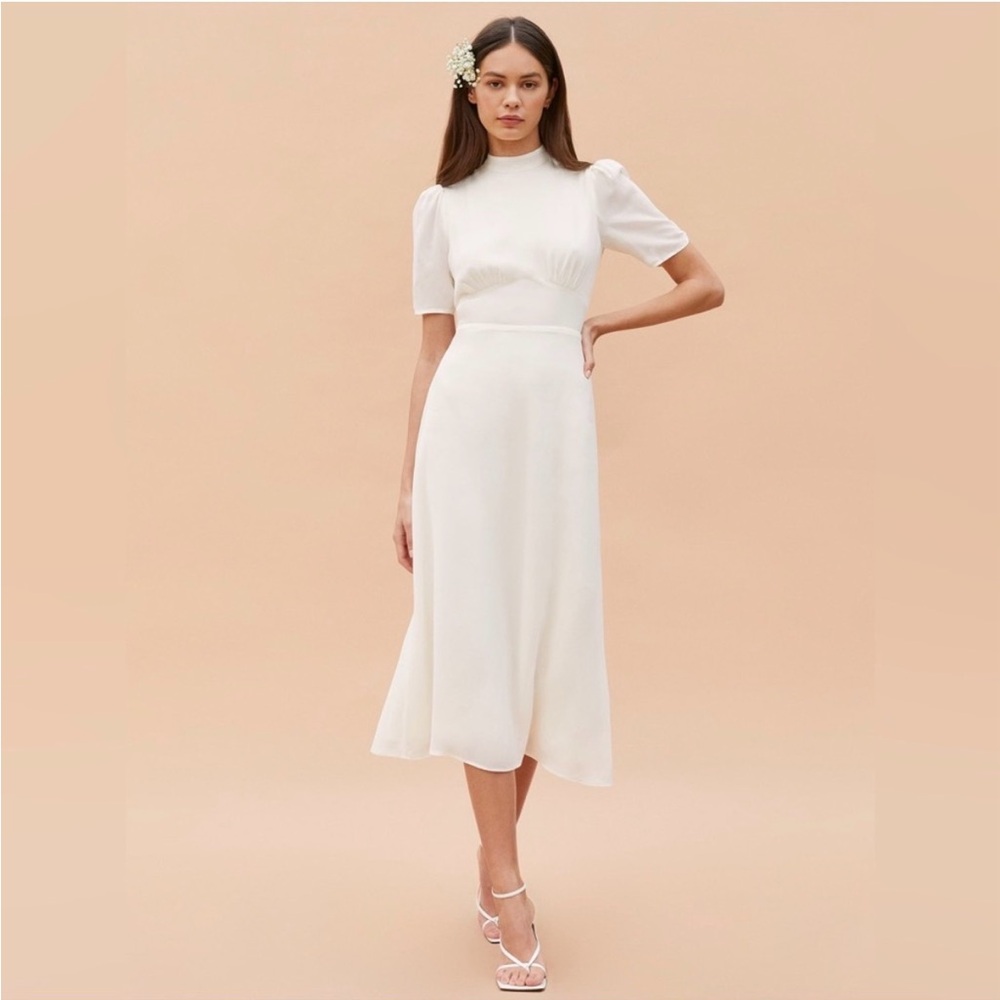 Reformation Ivory Midi Dress with Puff Sleeves